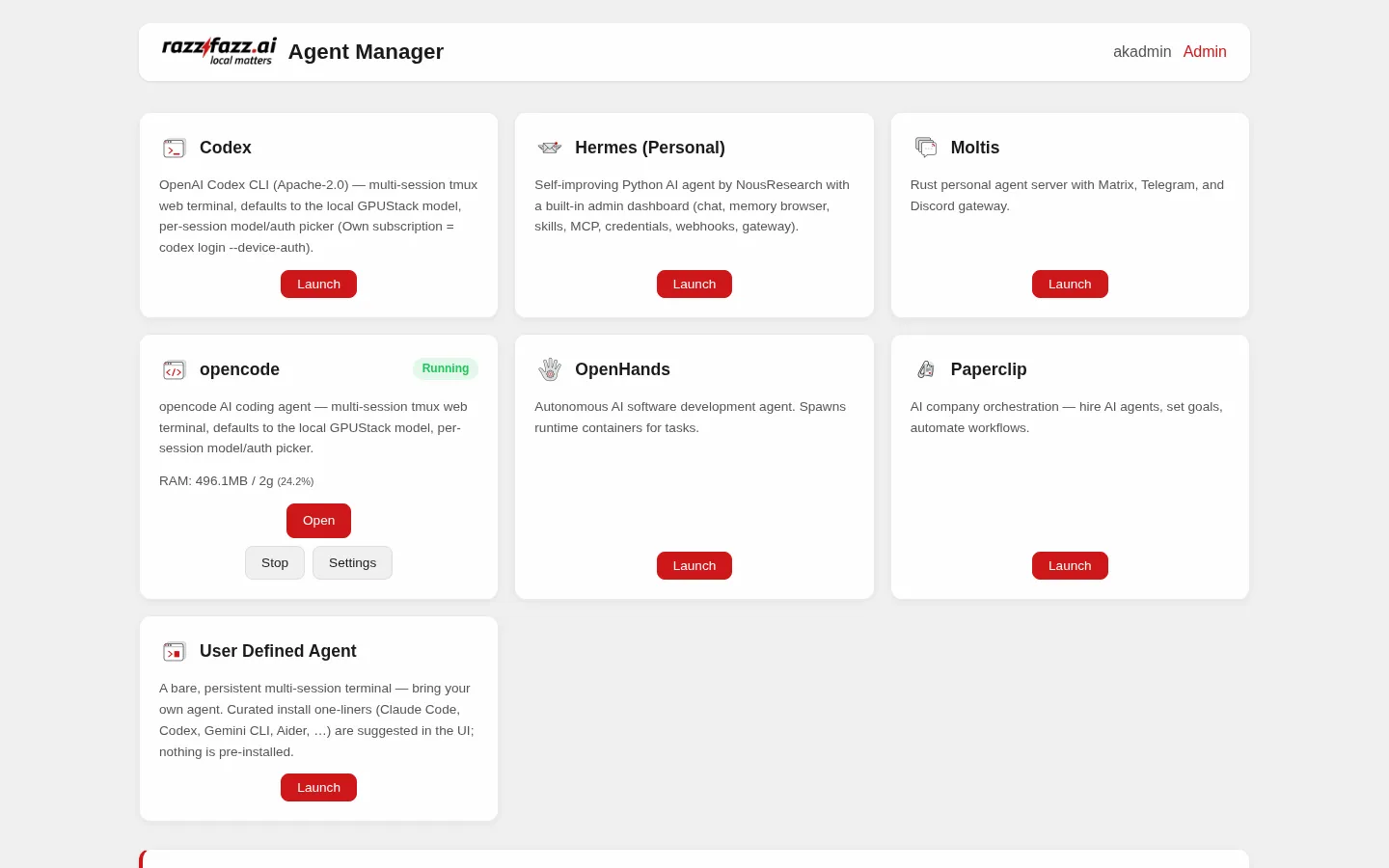 Agent-Manager-Oberfläche zur Verwaltung persönlicher und Coding-Agenten im rzfz.ai Stack