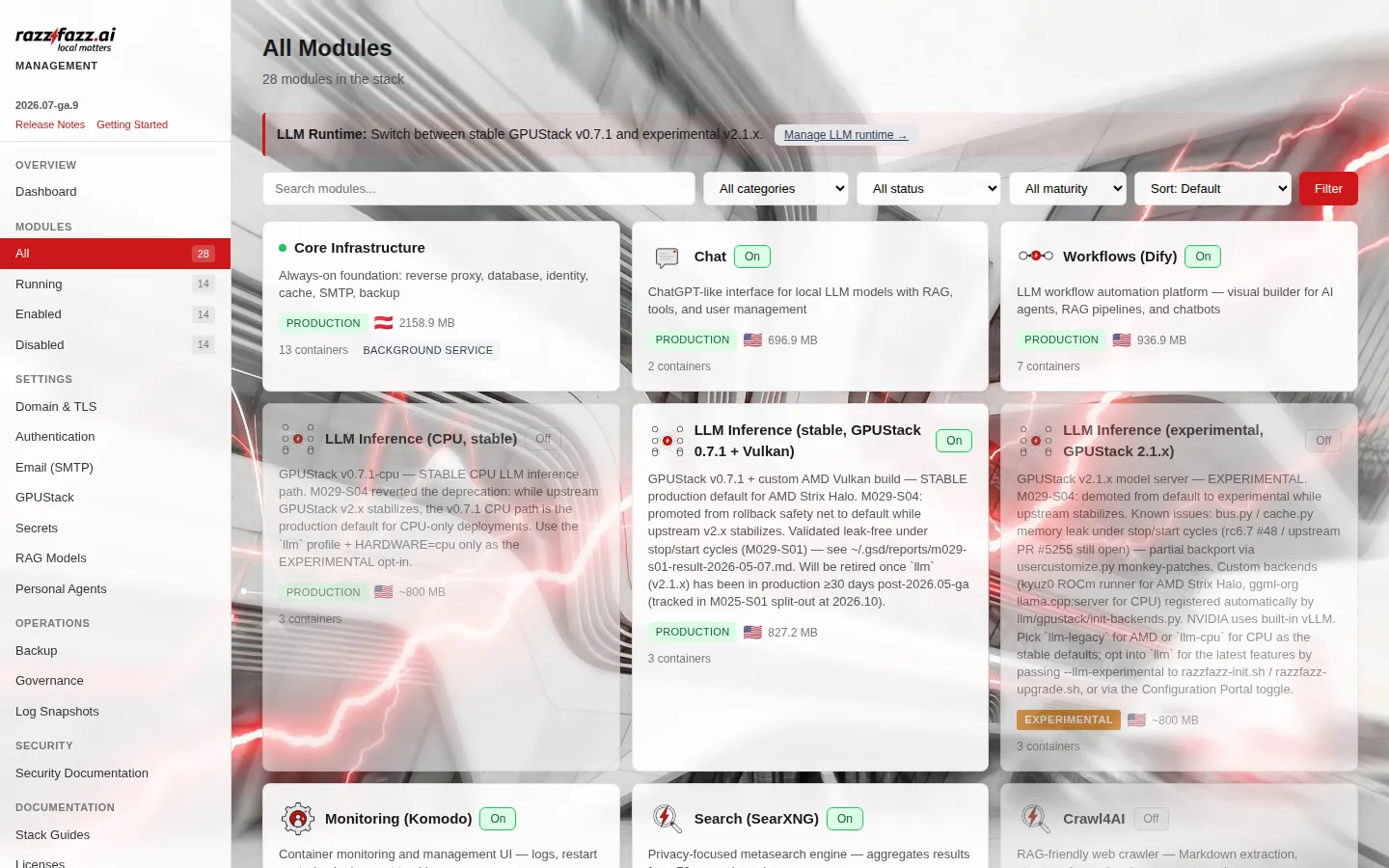 Config-UI: Modulübersicht mit laufenden, aktivierten und deaktivierten Modulen im rzfz.ai Stack