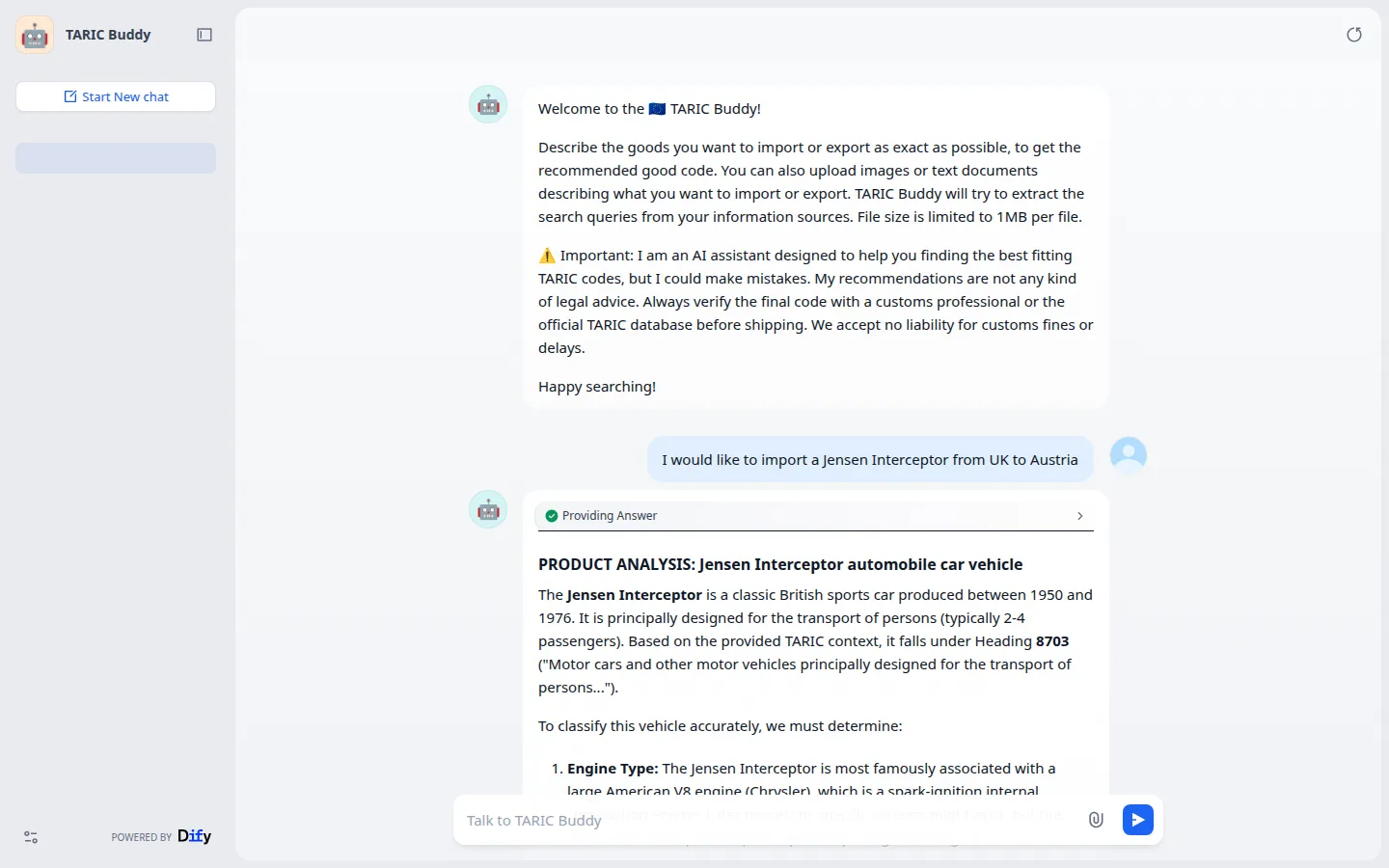 Der TARIC-Assistent im Chat: eine Warenbeschreibung wird eingegeben, die Antwort nennt den Warencode samt Begründung