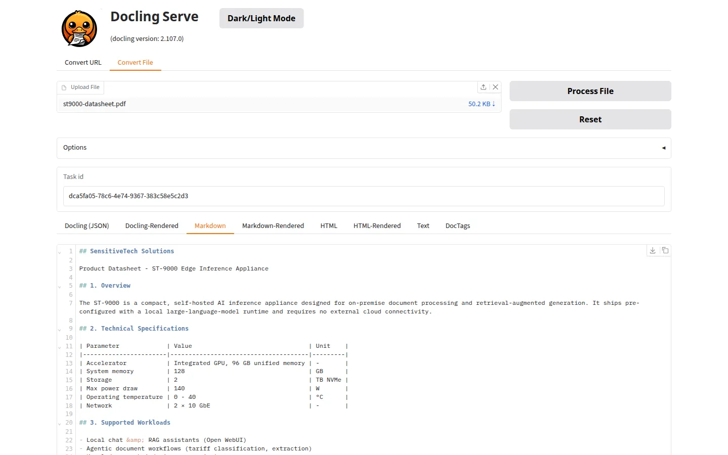 Docling Serve im rzfz.ai Stack: ein hochgeladenes PDF wird in strukturiertes Markdown umgewandelt