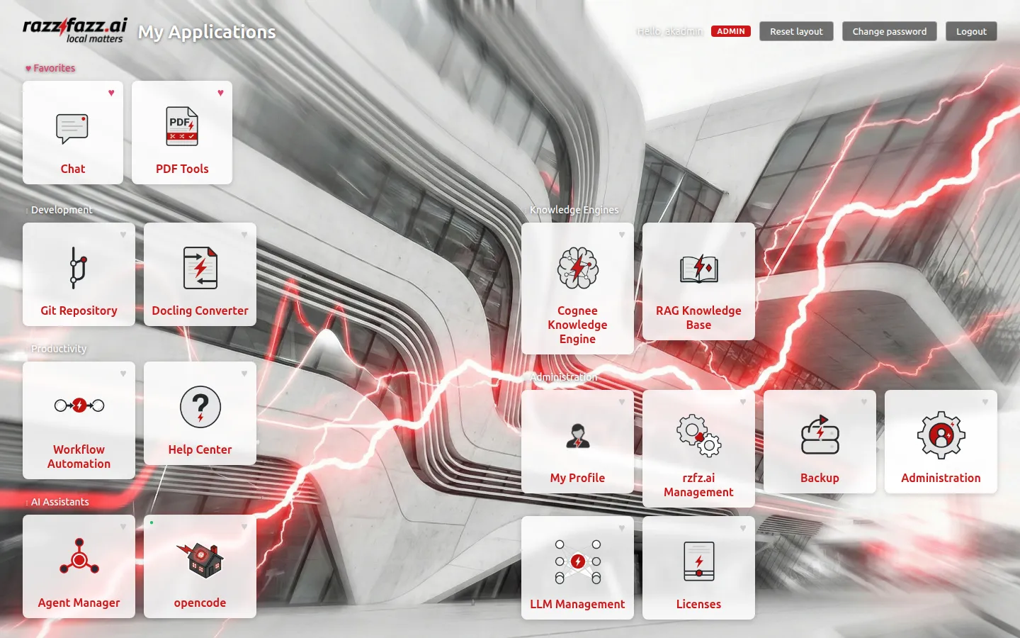 Start-Portal des rzfz.ai Stack mit Kacheln für Chat, Agenten, Workflows und Admin