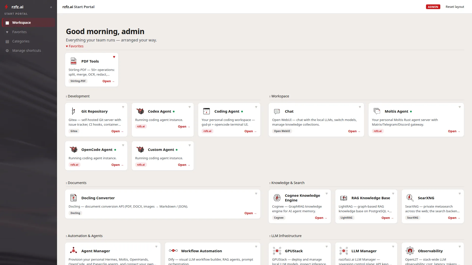 Start-Portal des rzfz.ai Stack: Kacheln für Chat, PDF-Werkzeuge, Git-Repository und persönliche Coding-Agenten, nach Kategorien wie Entwicklung und Arbeitsplatz gruppiert