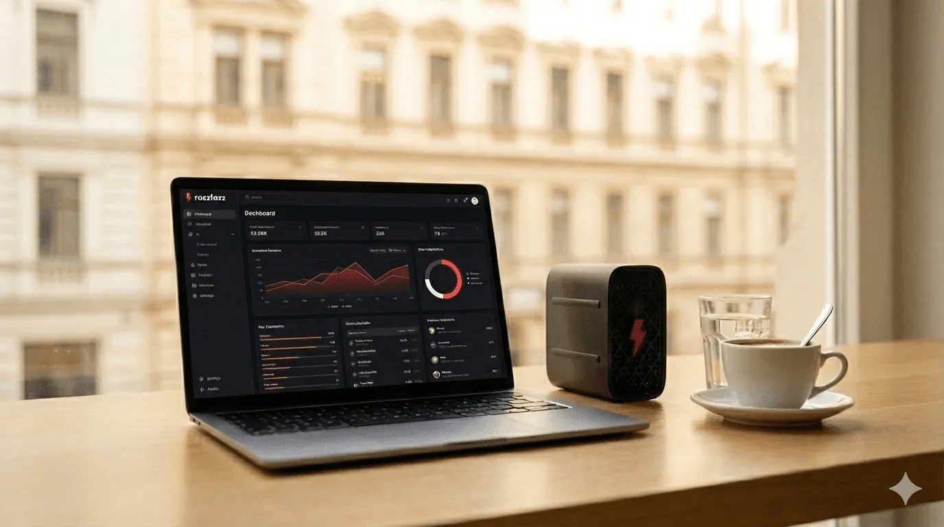 Die rzfz.ai Box neben einem Laptop mit Dashboard und einer Tasse Kaffee am Arbeitsplatz
