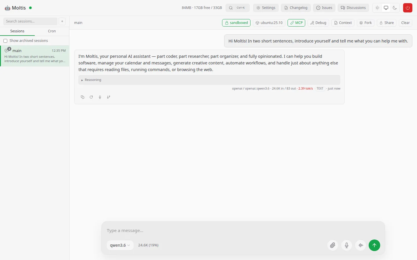 Der persönliche Agent Moltis stellt sich im Chat vor — sandboxed, mit lokalem Modell qwen3.6