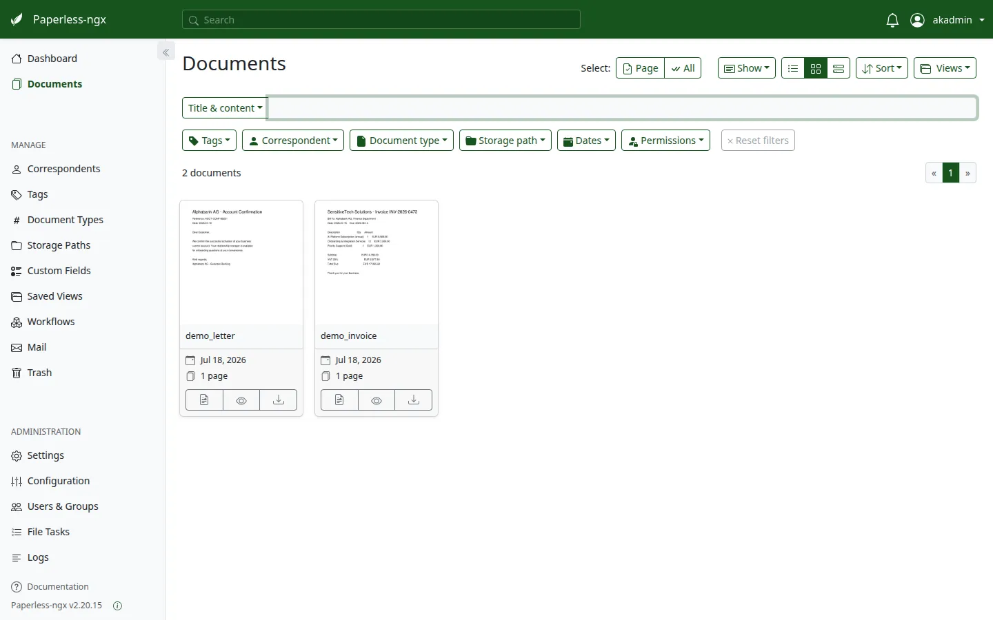 Paperless-ngx im rzfz.ai Stack: die Dokumentenliste des digitalen Archivs mit Vorschaubildern