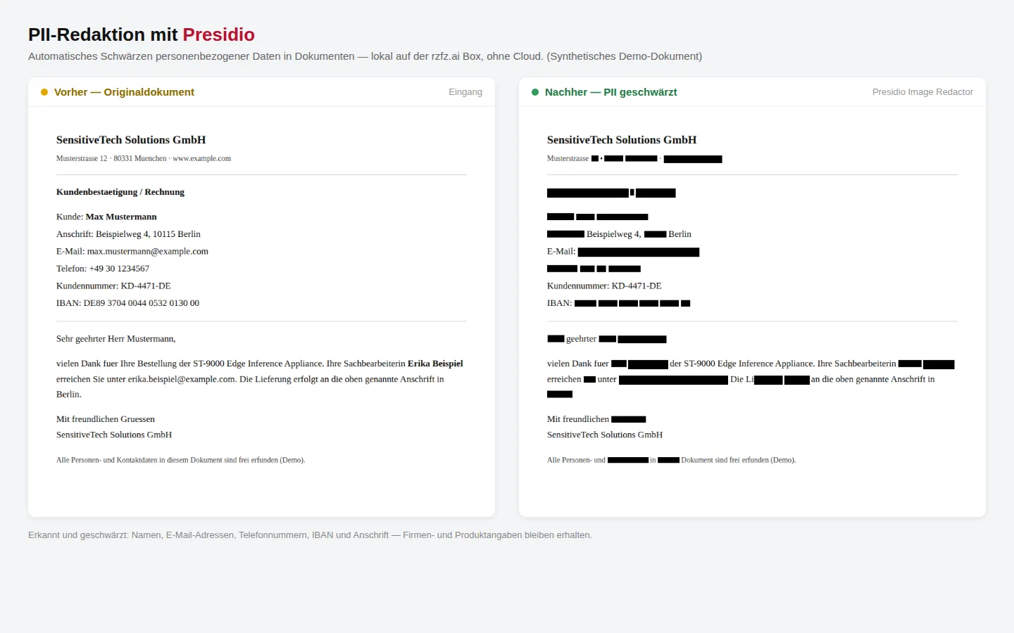 PII-Redaktion mit Presidio im rzfz.ai Stack: links das Originaldokument, rechts dieselbe Seite mit geschwärzten personenbezogenen Daten