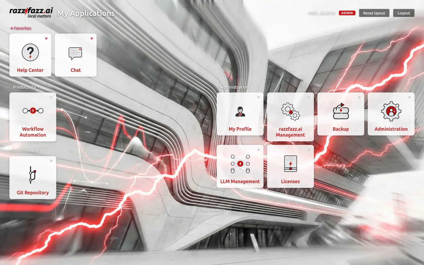 Start-Portal des rzfz.ai Stacks: alle Module und Dienste auf einen Blick