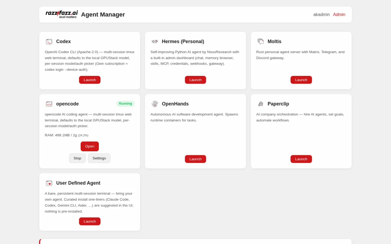 Die Agent-Manager-Oberfläche mit einer Liste laufender persönlicher Agent-Instanzen und ihrem Status.