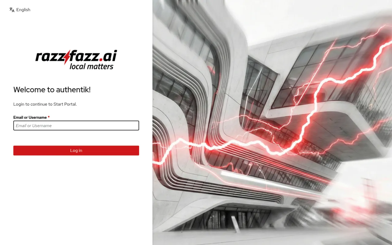 Das gebrandete Authentik-Anmeldeformular des rzfz.ai Stacks mit Benutzername-/Passwortfeldern und dem Login-Button.