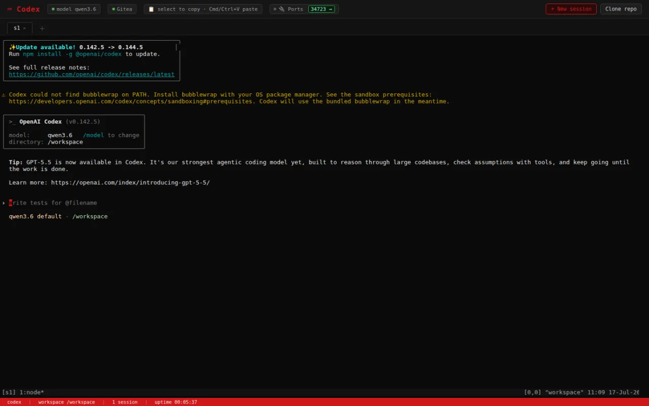 Die Codex-CLI in einer Terminal-Sitzung im Coding-Agents-Workspace des rzfz.ai Stacks.