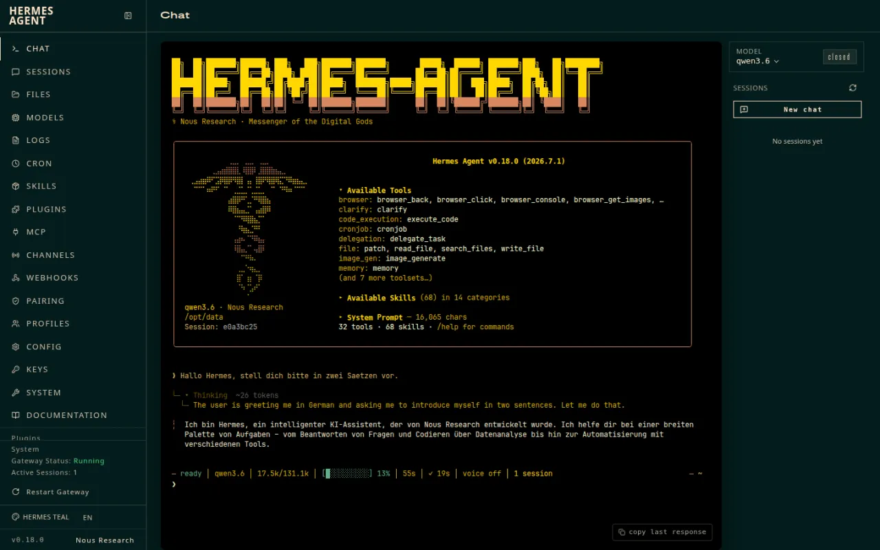 Der Chat-Verlauf eines persönlichen Hermes-Agenten mit Nachrichten und aufgerufenen Werkzeugen.