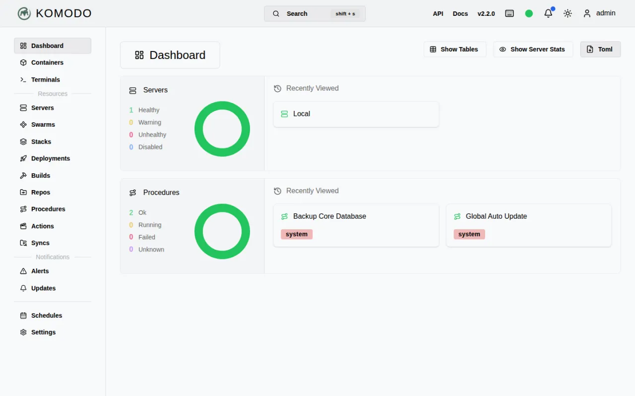 Das Komodo-Dashboard mit einer Liste der überwachten Docker-Compose-Stacks, ihrem Gesundheitsstatus und Container-Details.