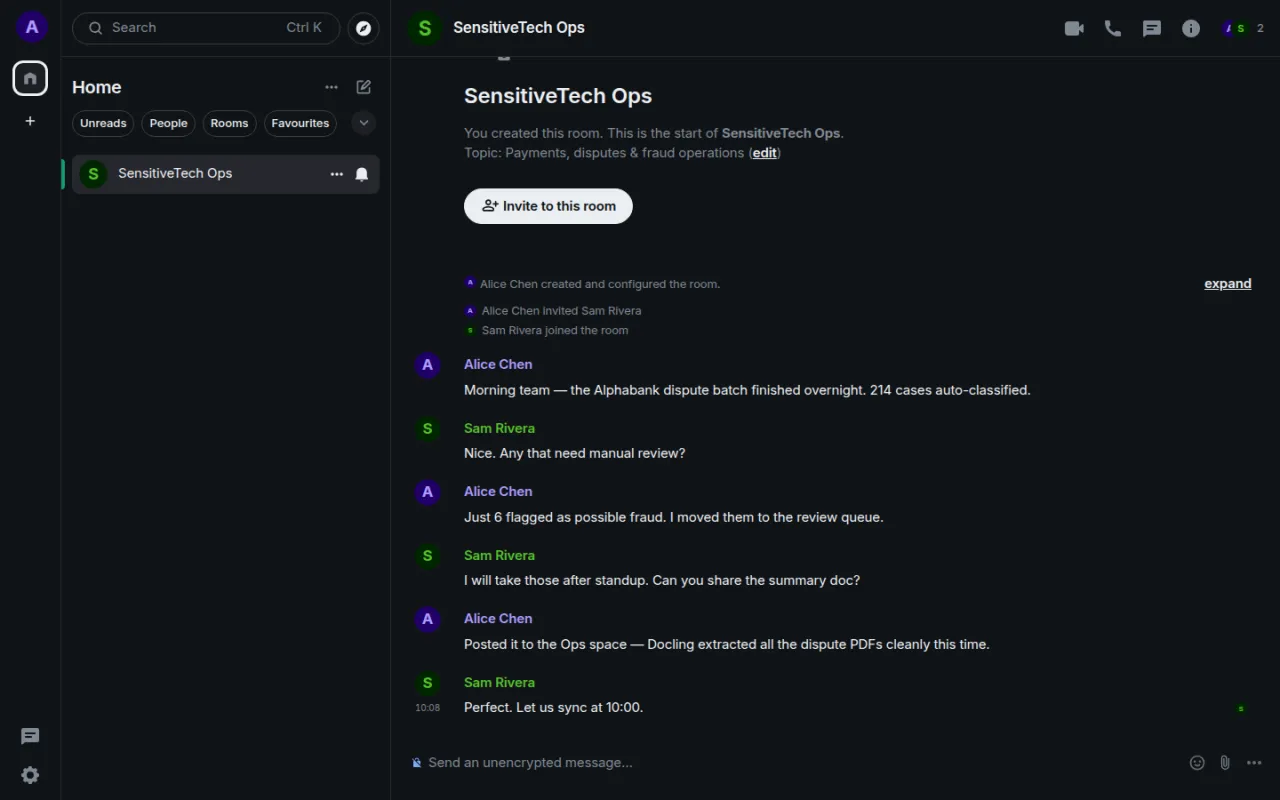 Der Matrix/Element-Team-Chat im Raum „SensitiveTech Ops" mit einer Unterhaltung über eine abgeschlossene AlphaBank-Dispute-Batch.