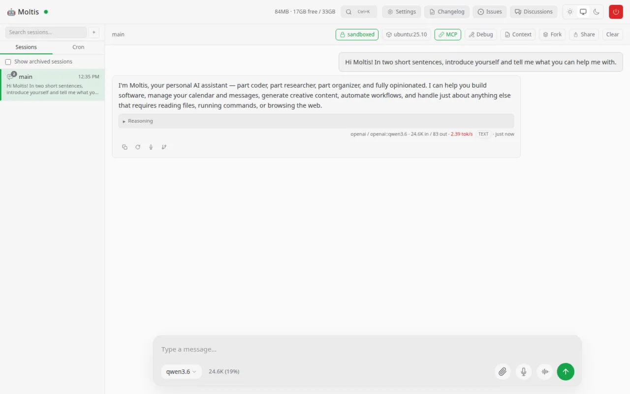 Die Moltis-Chat-Oberfläche mit einer laufenden Session, dem Sandboxed-Badge und der Antwort des persönlichen Agenten auf eine Testfrage.