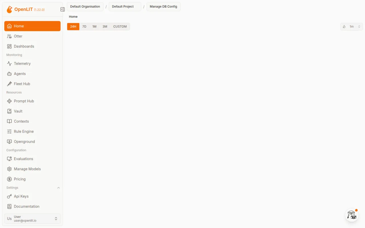 Die OpenLIT-Observability-Oberfläche mit der Navigationsleiste (Telemetry, Agents, Vault, Rule Engine) und dem Home-Dashboard mit Zeitraum-Auswahl.