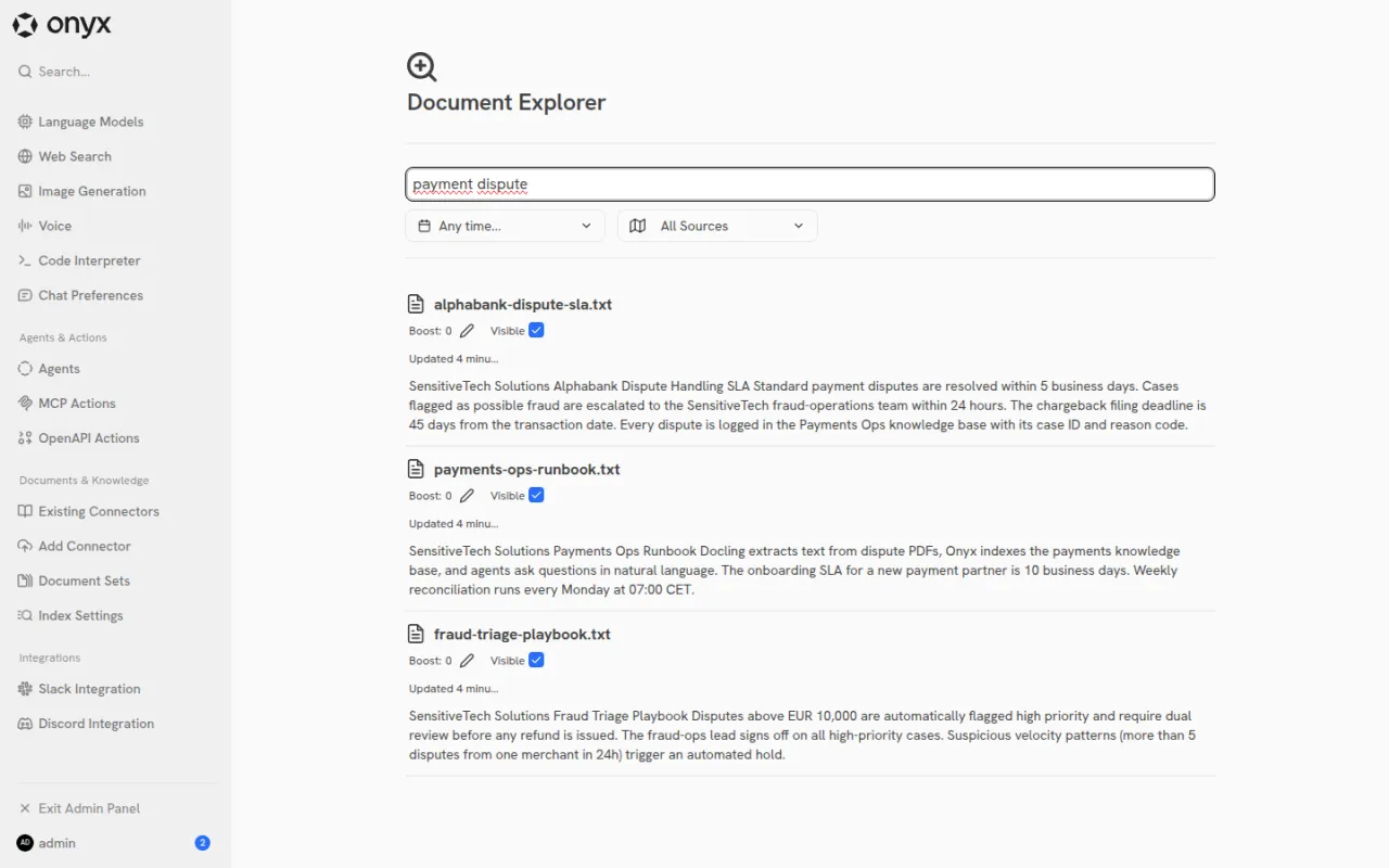 Der Onyx-Dokument-Explorer mit der Suche „payment dispute" und den gefundenen internen Wissensdokumenten samt Textausschnitten.