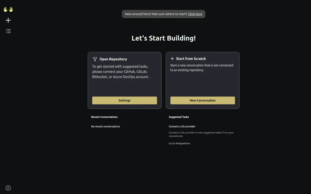 Der OpenHands-Startbildschirm mit den Optionen „Open Repository" und „Start from Scratch" zum Beginnen einer neuen Coding-Session.