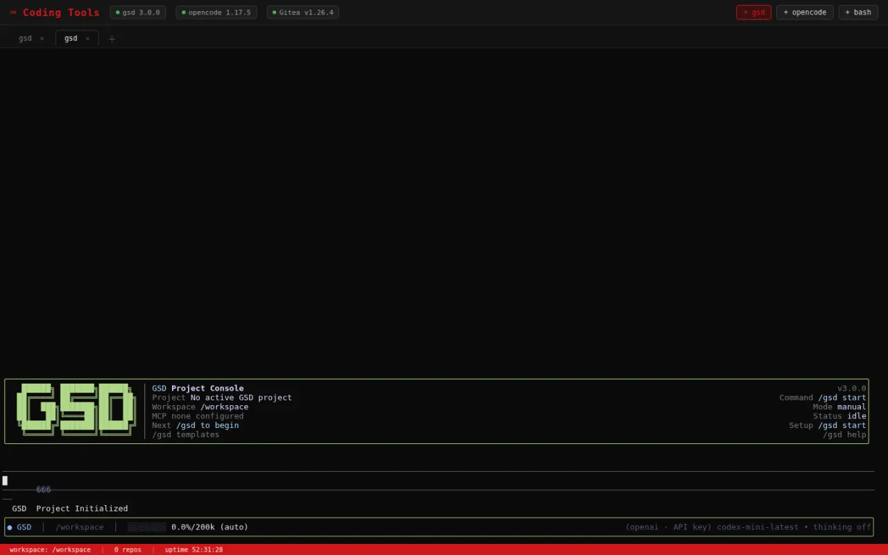 Die gsd-pi-Terminaloberfläche im Coding-Agents-Workspace mit dem GSD-Project-Console-Banner und Status zu Projekt, Workspace und Modus.