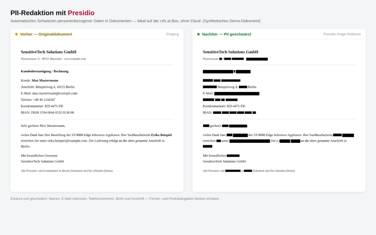 Eine Presidio-Demo mit einem Beispieltext, in dem personenbezogene Daten automatisch erkannt und geschwärzt wurden.