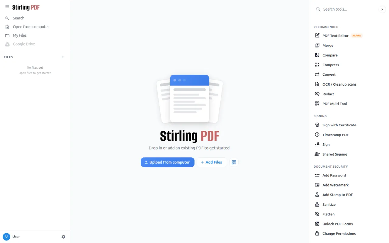 Die Stirling-PDF-Werkzeugübersicht mit Kacheln für Zusammenführen, Teilen, Konvertieren und weitere PDF-Operationen.