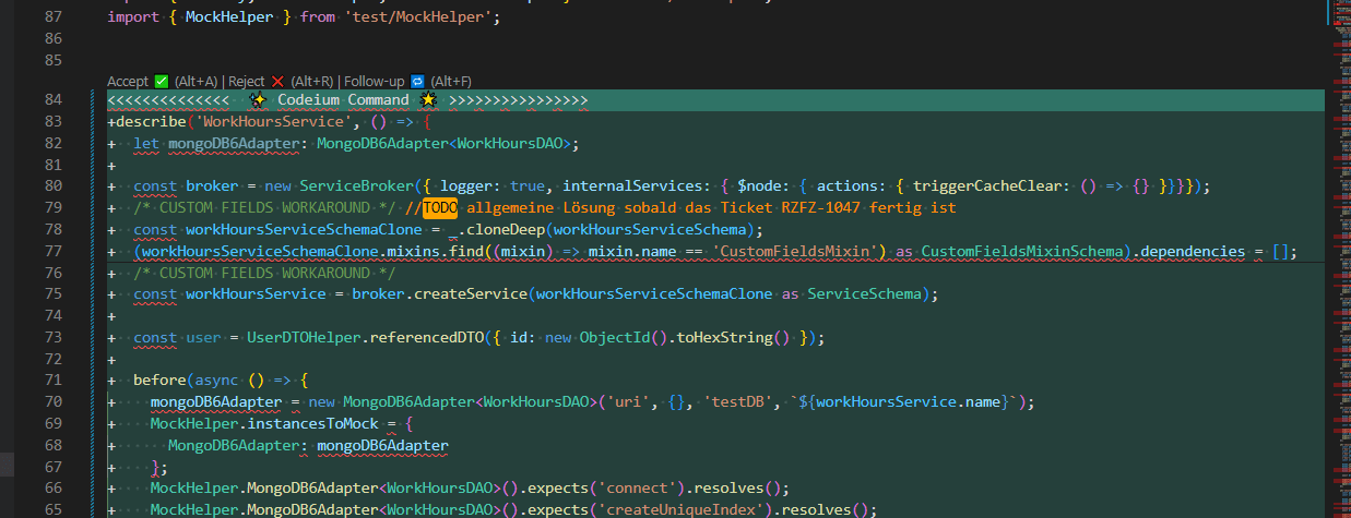Codeium Command in Aktion: der Vorschlag wird als gut lesbares Diff dargestellt