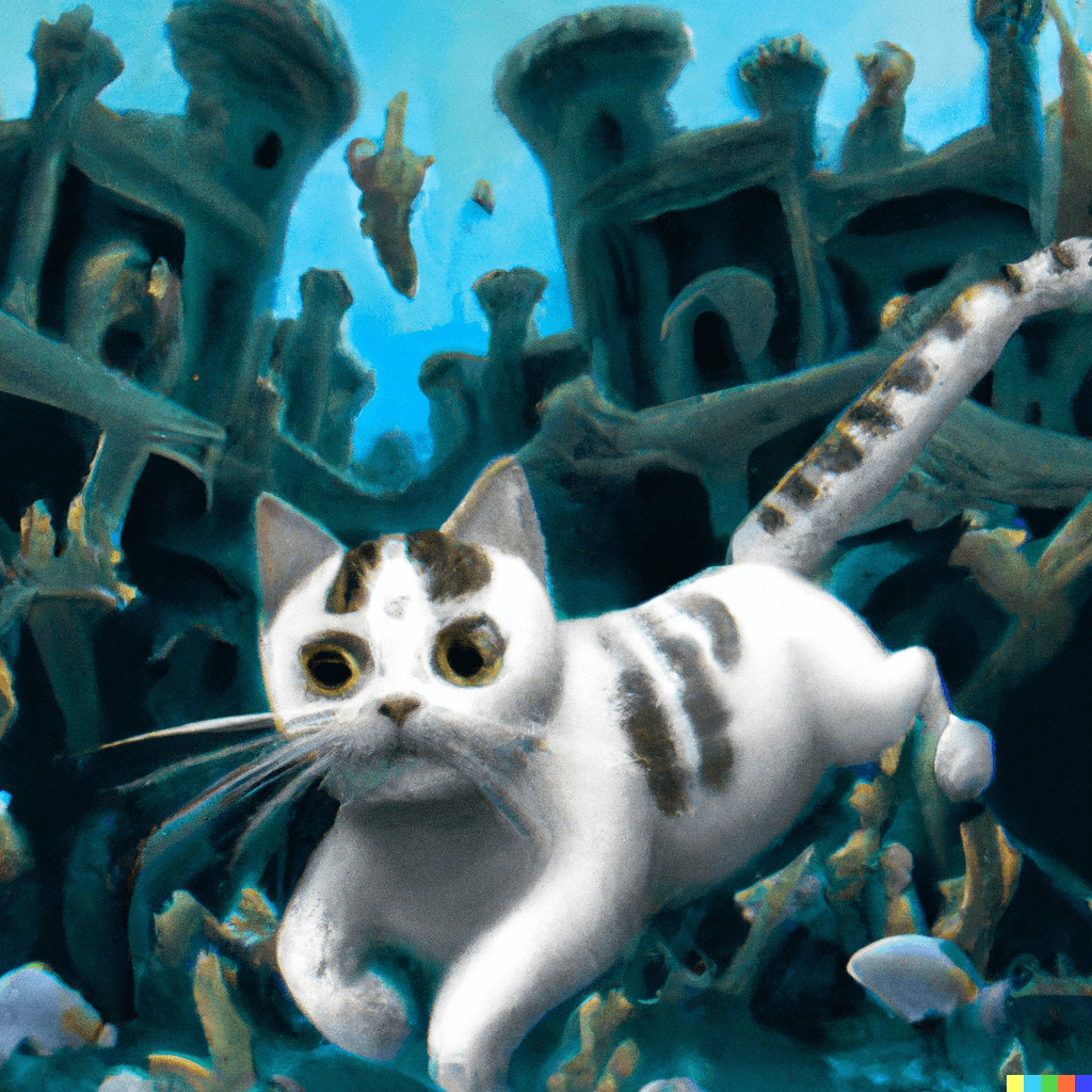 Mit DALL·E generiertes Bild einer Katze, die ein Unterwasserschloss erkundet