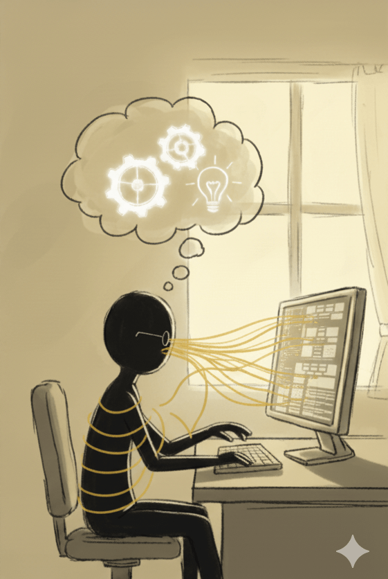 Illustration: Person am Computer, die aktiv nachdenkt — Zahnräder und eine Glühbirne in der Gedankenblase stehen für bewusstes, langsames Denken (System 2).