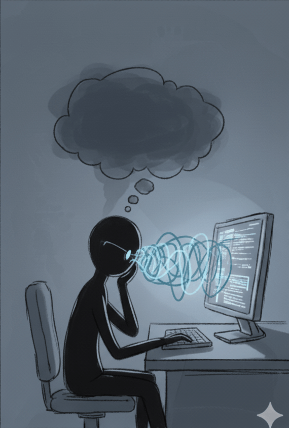 Illustration: Person am Computer, die Antworten ungeprüft übernimmt — verworrene Linien vom Bildschirm zum Kopf stehen für passives, unkritisches Denken.