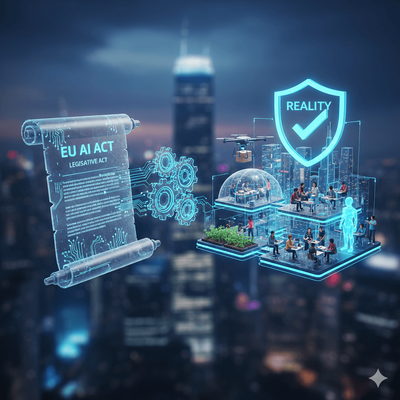 Digitale Illustration: Schriftrolle „EU AI ACT" neben einer Smart-City-Szene mit Schutzschild und Häkchen „Reality".