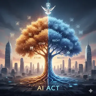 Ein Baum, halb in warmen, halb in kühlen Farben, beschriftet mit „Ethik" und „Recht", darunter „AI ACT", vor einer Skyline.
