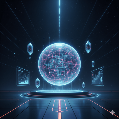 Von KI generierte Illustration: leuchtende Datenkugel mit vernetzten Knoten auf einer futuristischen Plattform
