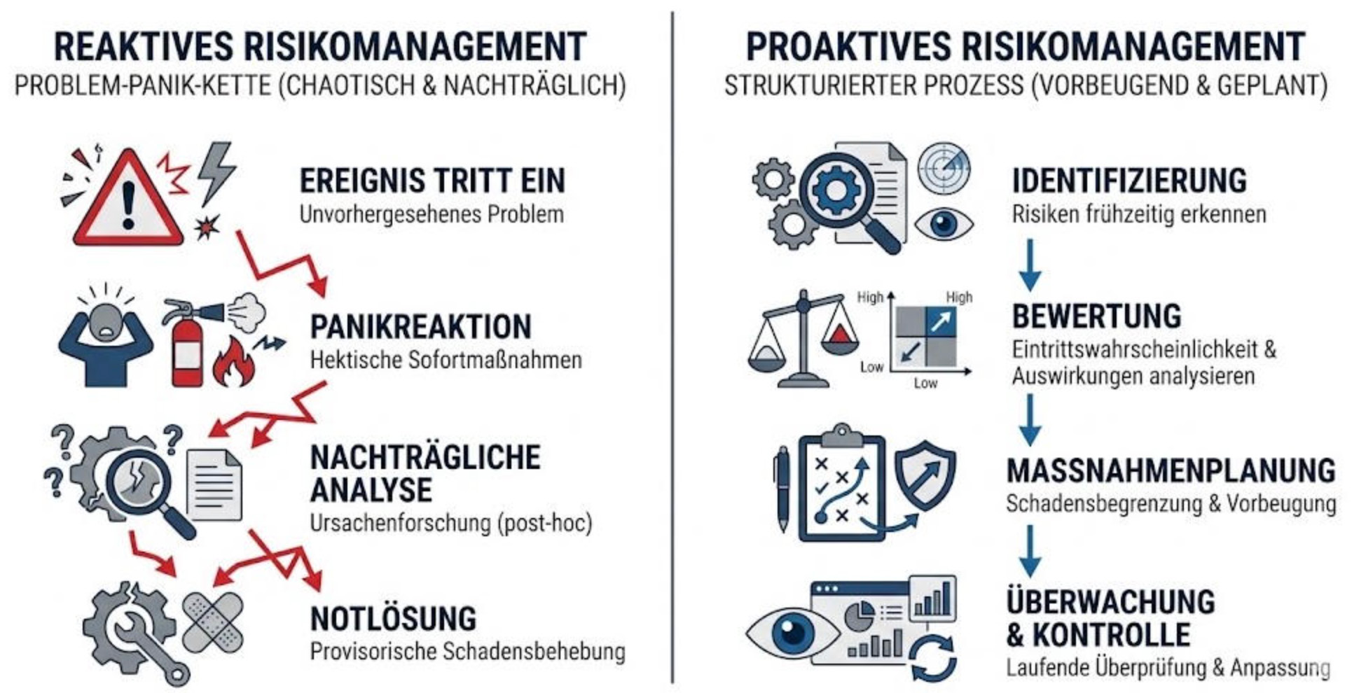 Gegenüberstellung von reaktivem Risikomanagement (Problem-Panik-Kette) und proaktivem Risikomanagement (strukturierter Prozess)