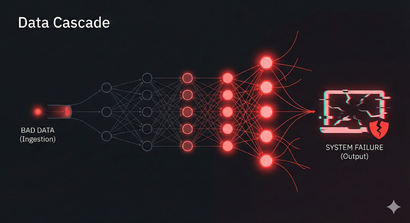 Data Cascade: Wie marginale Fehler in den Trainingsdaten (Bad Data) durch die Modellschichten exponentiell anwachsen und zu System Failure führen.