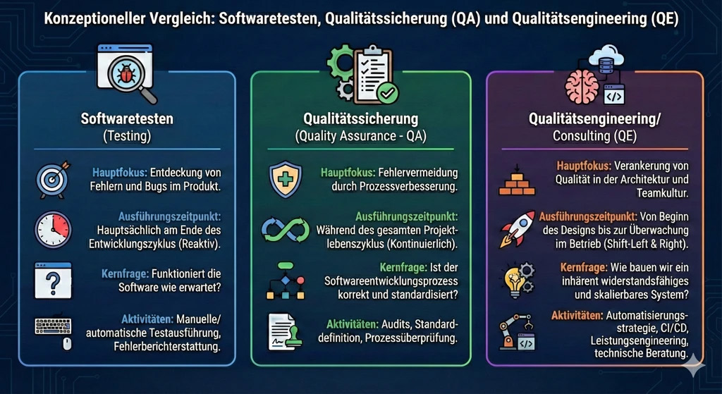 Konzeptioneller Vergleich: Softwaretesten, Qualitätssicherung (QA) und Qualitätsengineering (QE)