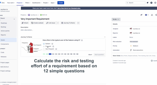 Das Journey-to-Rome-Plugin in einem Jira-Issue: der Fragebogen berechnet Risiko und Testaufwand einer Anforderung aus 12 einfachen Fragen